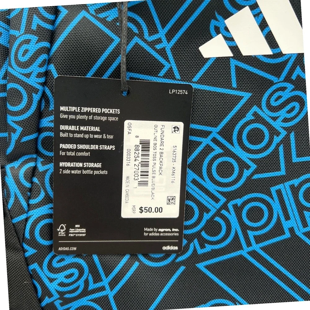 NWT Adidas Fundare 2 Backpack Blue Black Pulse Logo Print   back to school